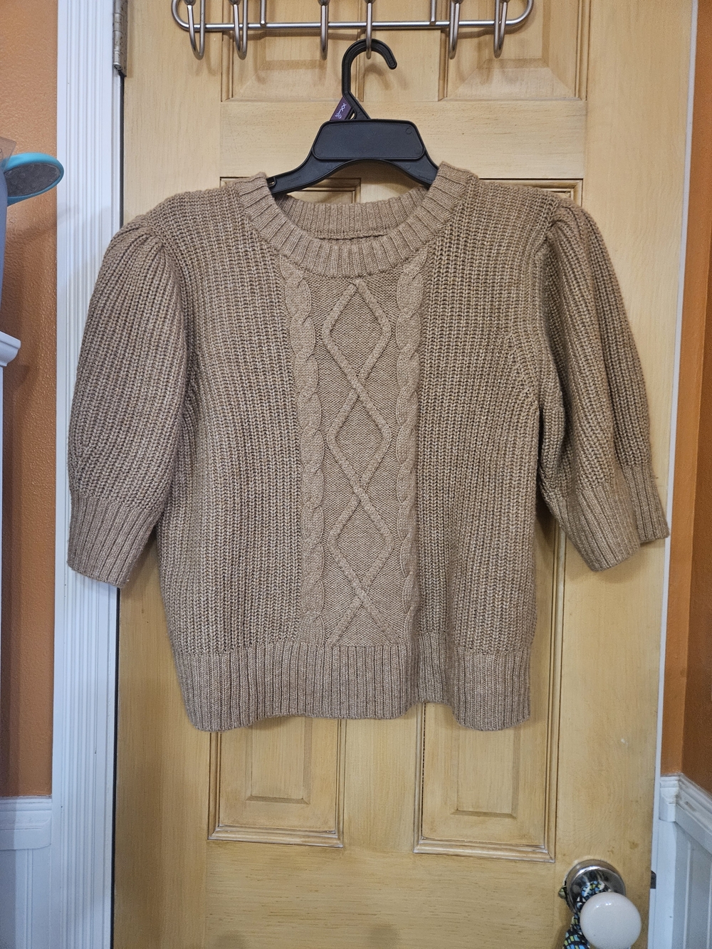 GAP Cable-Knit Puff Sleeve Sweater in Tan